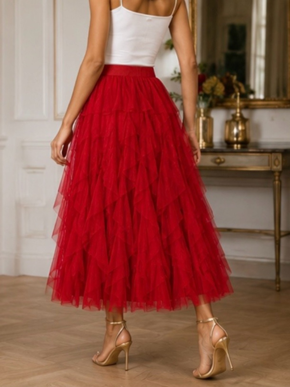 CeCe Red Tiered Tulle Midi Skirt NWT Size Medium - Picture 3 of 14
